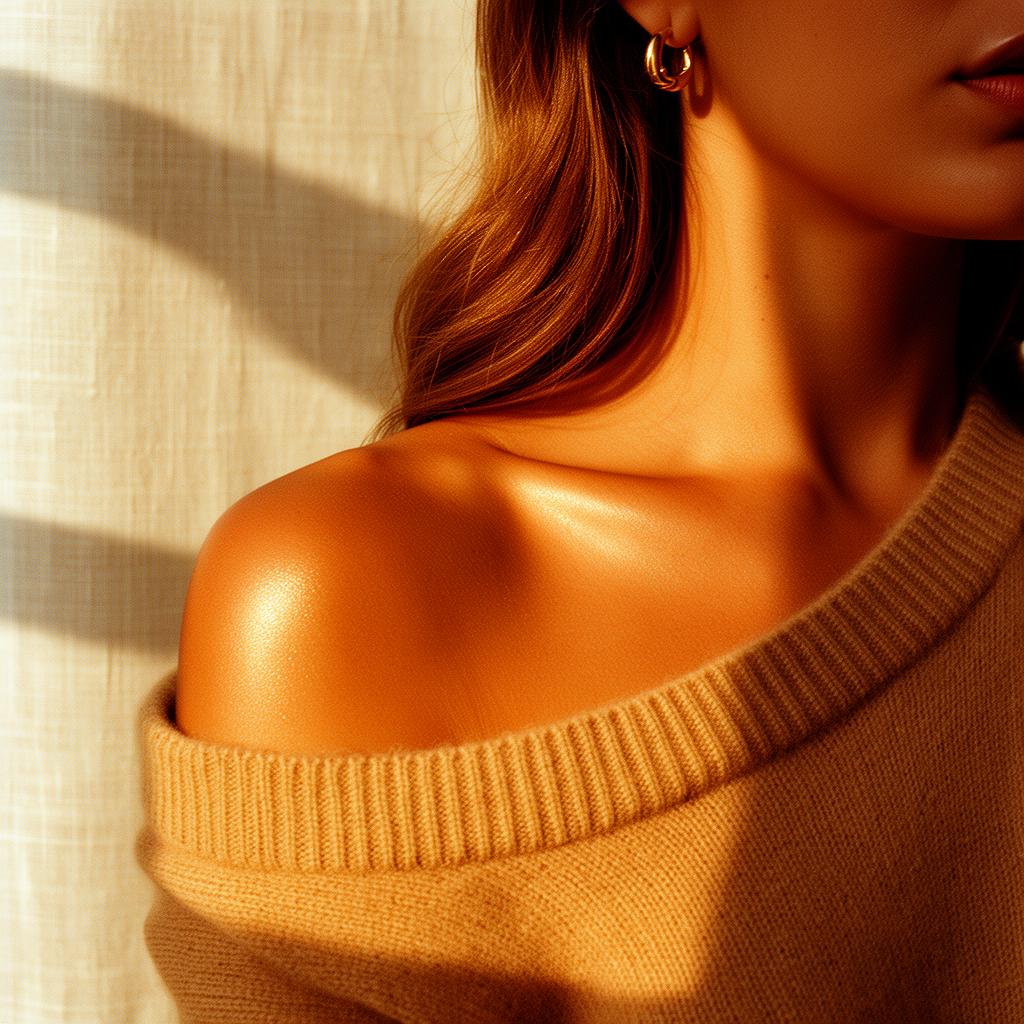 Close-up of a sun-kissed bronzed shoulder and collarbone in golden hour light, showcasing a custom-blended luxury spray tan by The Beauti Glow
